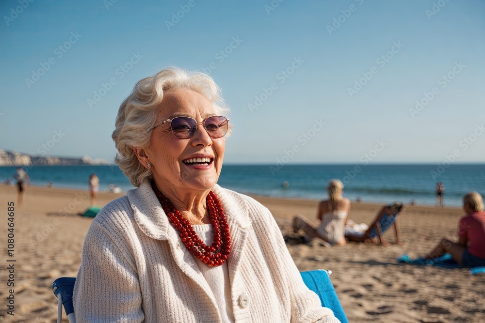 Happy Senior Woman Relaxing on Sunny Beach by the Sea Happy Senior Woman Relaxing on Sunny Beach by the Sea