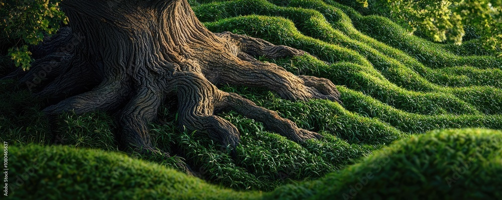Tree roots amidst lush, wavy green grass in a serene natural setting. Tree roots amidst lush, wavy green grass in a serene natural setting.