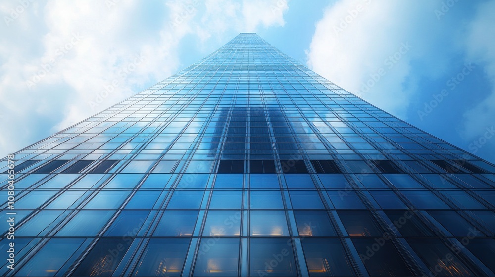 A towering glass skyscraper reaching towards a blue sky. A towering glass skyscraper reaching towards a blue sky.