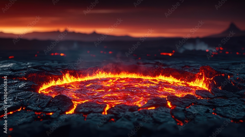 Lava pool glowing in the volcanic landscape during sunset Lava pool glowing in the volcanic landscape during sunset