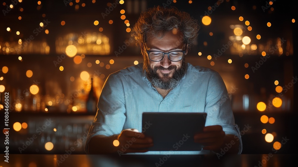 A man joyfully engaging with a tablet in a bar setting, enhanced by atmospheric bokeh lights, creating a cozy and inviting social environment. A man joyfully engaging with a tablet in a bar setting, enhanced by atmospheric bokeh lights, creating a cozy and inviting social environment.