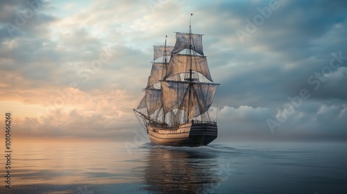 A detailed depiction of the historic Mary Celeste ship sailing through calm waters, with realistic waves and a serene sky, evoking a sense of mystery and adventure.