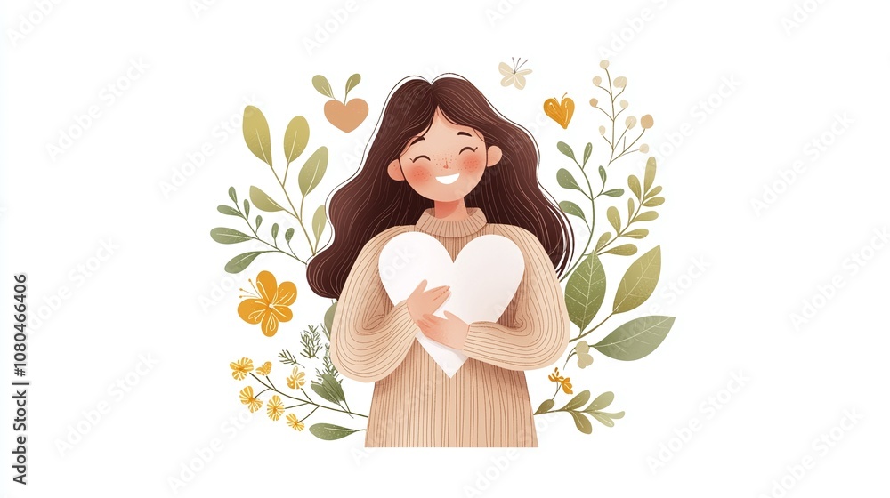 A cheerful illustration of a woman holding a heart, surrounded by flowers and leaves, symbolizing love and nature's beauty. A cheerful illustration of a woman holding a heart, surrounded by flowers and leaves, symbolizing love and nature's beauty.