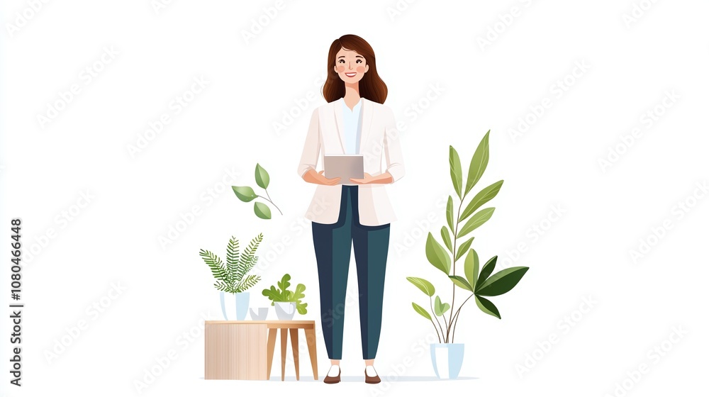 Boss Woman leadership inspiration concept. A smiling woman stands among potted plants, holding a tablet, showcasing a blend of nature and technology in a bright, minimalistic setting. Boss Woman leadership inspiration concept. A smiling woman stands among potted plants, holding a tablet, showcasing a blend of nature and technology in a bright, minimalistic setting.