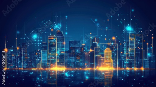 Futuristic smart city with glowing buildings; exploring urban technology, innovation, and sustainable development.