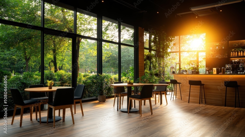 A sophisticated sunlit cafe adorned with modern decor and abundant lush greenery, providing a serene and inviting atmosphere for guests to enjoy refreshments and conversations. A sophisticated sunlit cafe adorned with modern decor and abundant lush greenery, providing a serene and inviting atmosphere for guests to enjoy refreshments and conversations.