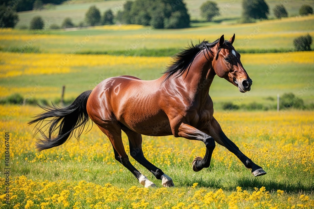 Obraz premium Dynamic Horse Running in a Colorful Sunny Meadow