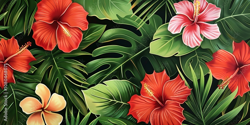 A painting of a tropical forest with a variety of flowers, including red and yellow hibiscus A painting of a tropical forest with a variety of flowers, including red and yellow hibiscus