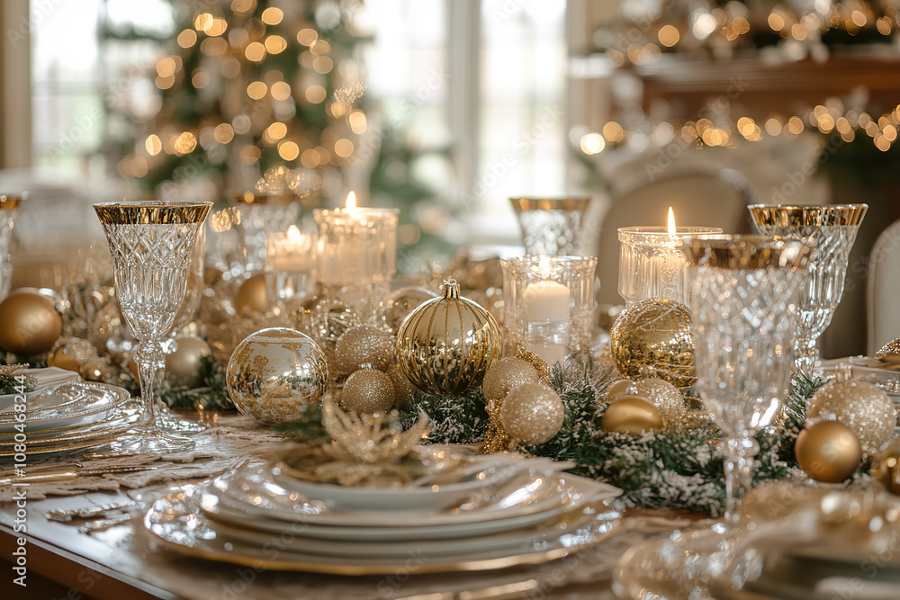 Luxurious Christmas Dining Setup with Crystal Glassware, christmas-tree Luxurious Christmas Dining Setup with Crystal Glassware, christmas-tree