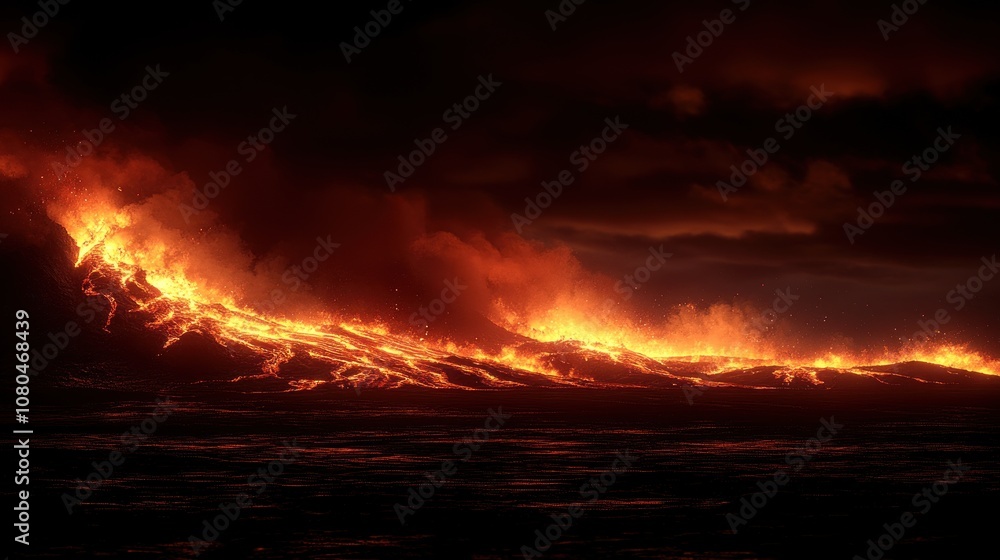 A River of Molten Lava Flows Down a Volcanic Slope Under a Dark Sky A River of Molten Lava Flows Down a Volcanic Slope Under a Dark Sky
