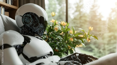 A highly advanced futuristic robot sits in a relaxing indoor setting with greenery background, showcasing advanced technology and the intersection of nature and innovation. photo