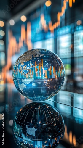 A sleek sphere with vivid data graphs, reflecting against a glossy surface, set in a contemporary environment suggesting financial activity and innovation.