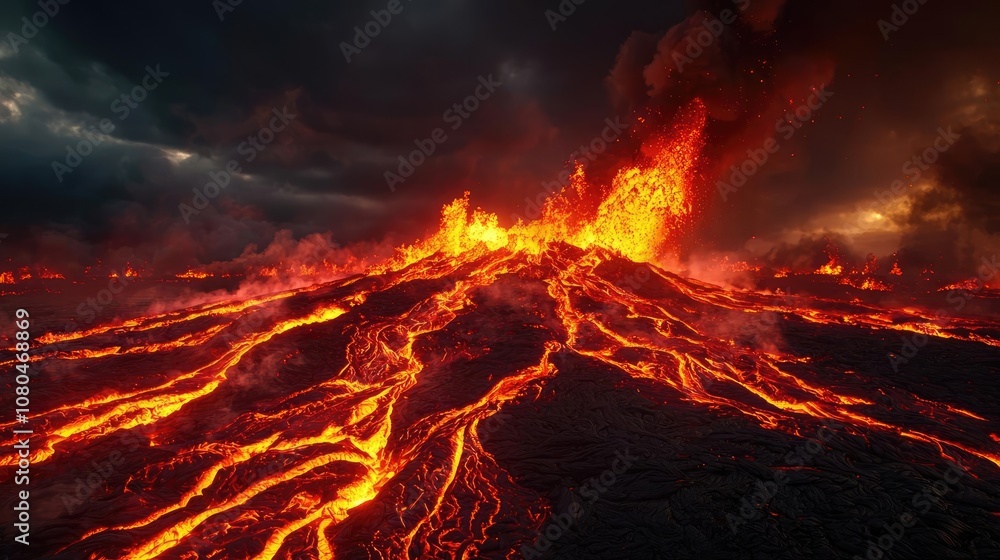 Volcanic eruption with flowing lava and smoke on a dark stormy sky background. Volcanic eruption with flowing lava and smoke on a dark stormy sky background.
