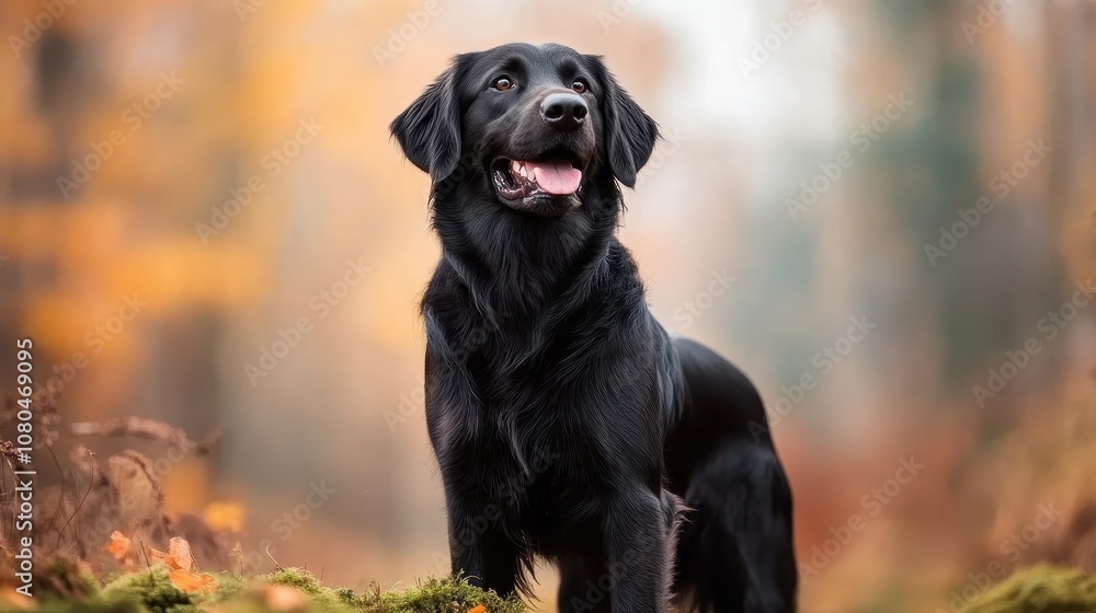 A striking black dog stands with a dignified posture in a sunlit forest, surrounded by softly blurred leaves, embodying strength and elegance in nature. A striking black dog stands with a dignified posture in a sunlit forest, surrounded by softly blurred leaves, embodying strength and elegance in nature.
