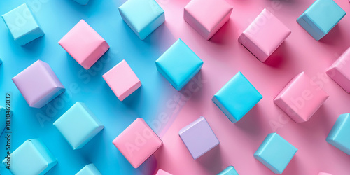 A group of cubes on a pink and blue surface