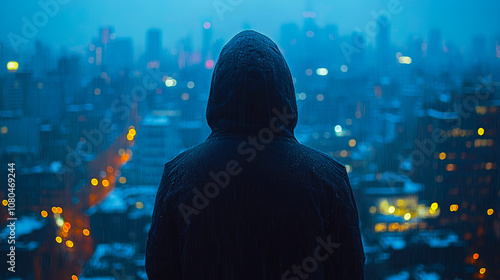 A man stands in a neon city in the rain at night with his back to the camera. Criminal at night, no face visible. generative AI, generative, ai.