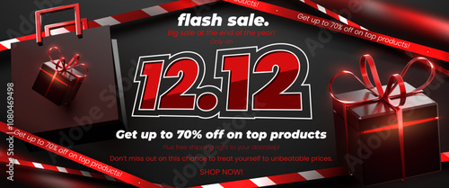 12.12 year end sale banner poster sign, discounts up to 70%, decorated with 3D ornaments, gift boxes, paper bags and red warning tape, black background.