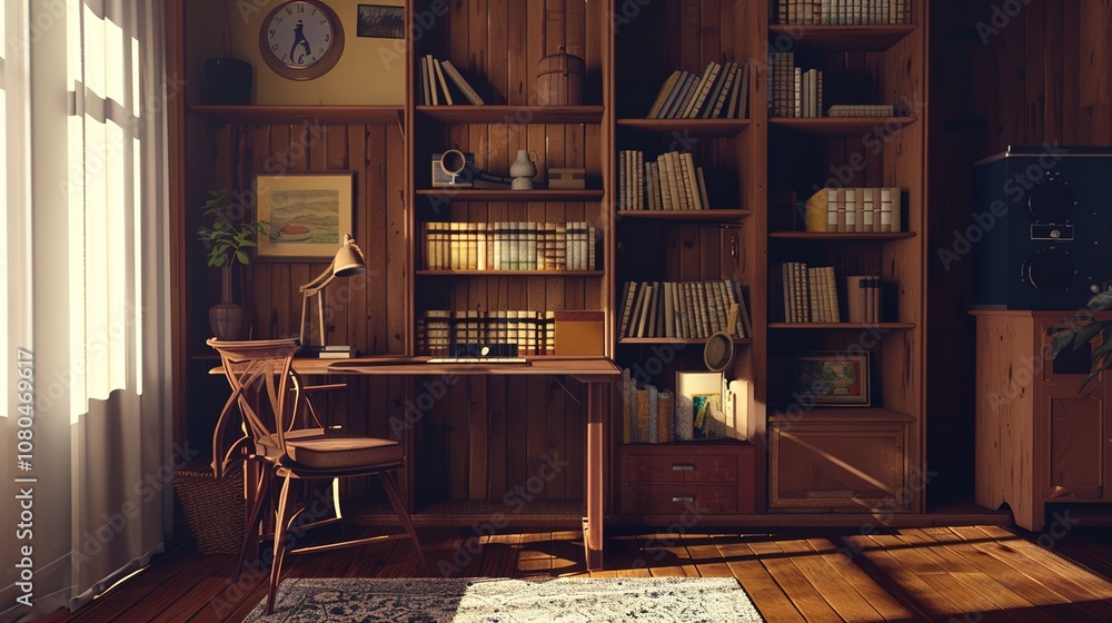 Cozy home office, Bookshelf with books, wooden writing desk adorned with family photographs and plants Cozy home office, Bookshelf with books, wooden writing desk adorned with family photographs and plants