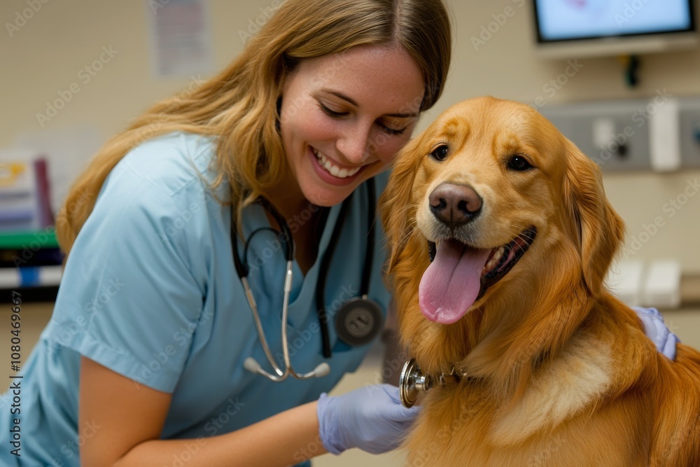 A compassionate veterinarian is providing care and attention to a Golden Retriever at a veterinary clinic, ensuring the furry friend receives the best possible treatment and comfort A compassionate veterinarian is providing care and attention to a Golden Retriever at a veterinary clinic, ensuring the furry friend receives the best possible treatment and comfort