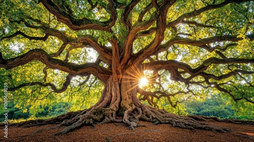 Majestic tree with sprawling branches and vibrant green leaves under sunlight.