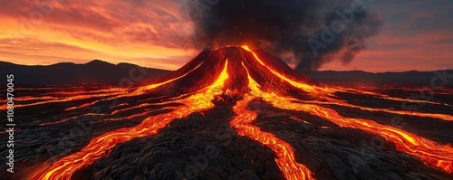 Volcano eruption with lava flow and dramatic sunset in the background.