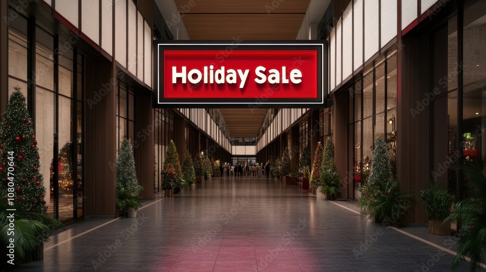 Obraz premium A modern shopping mall corridor decorated for a holiday sale, featuring a prominent red sign announcing discounts, flanked by greenery.