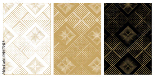 Set of patterns with crosses, stripes, lines. Seamless vector background. White, gold and black ornament. Modern reticulated graphic design.