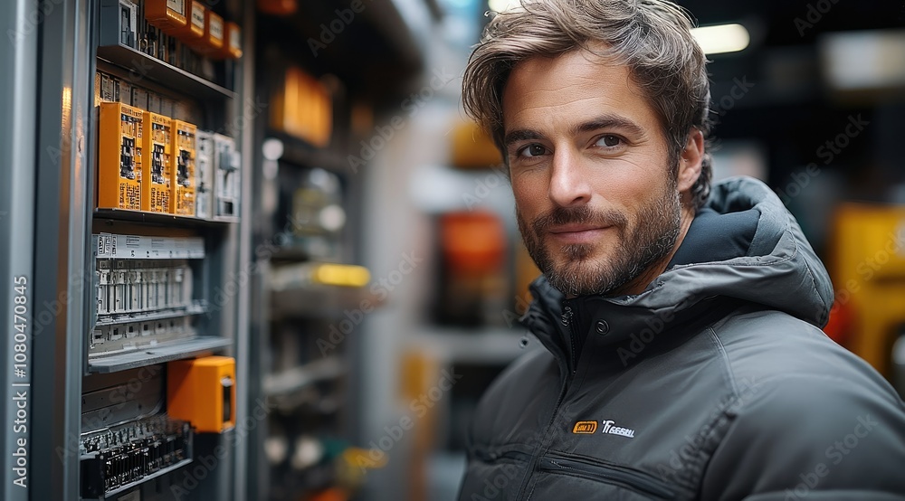 A young man in a grey jacket smiles confidently as he stands in front of a control panel in a workshop.