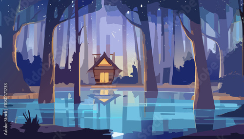 Night forest landscape with lake and wooden house. Cartoon vector illustration.