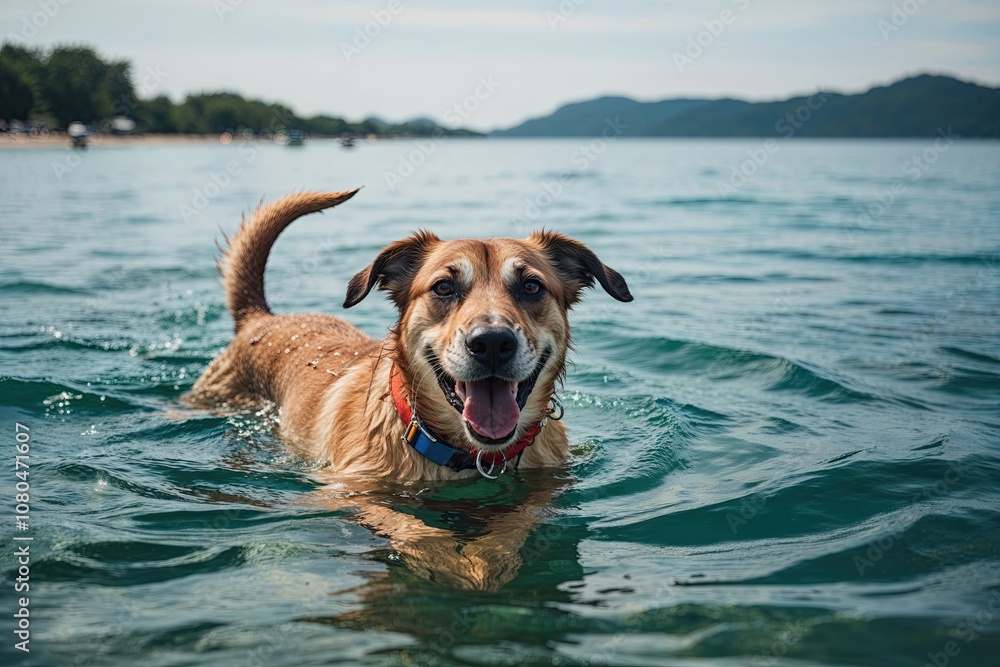 Joyful Dog Splashes in Water During Fun Vacation Joyful Dog Splashes in Water During Fun Vacation