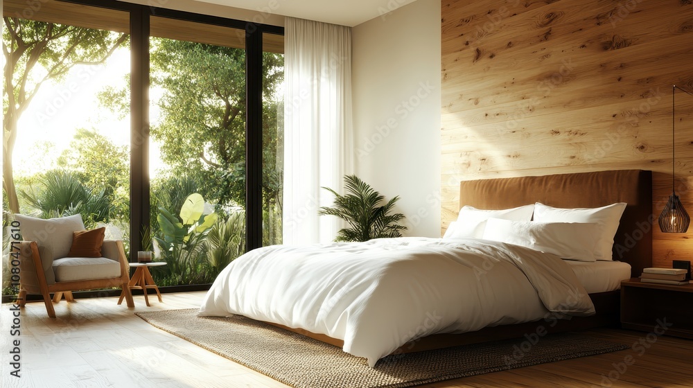 A contemporary bedroom featuring a stylish wooden headboard, large windows streaming with natural light, creating a serene and cozy environment for relaxation. A contemporary bedroom featuring a stylish wooden headboard, large windows streaming with natural light, creating a serene and cozy environment for relaxation.