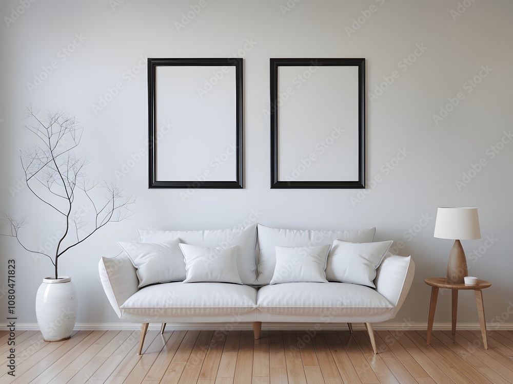 A minimalist living room setting. Dominating the space is a white, modern sofa with a sleek design and multiple cushions. Above the sofa, two black frames are hung on a light gray wall, both appearing A minimalist living room setting. Dominating the space is a white, modern sofa with a sleek design and multiple cushions. Above the sofa, two black frames are hung on a light gray wall, both appearing
