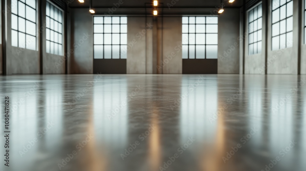 This image depicts an empty industrial room featuring large windows and a smooth, shiny concrete floor, illuminated by warm industrial-style lighting overhead. This image depicts an empty industrial room featuring large windows and a smooth, shiny concrete floor, illuminated by warm industrial-style lighting overhead.