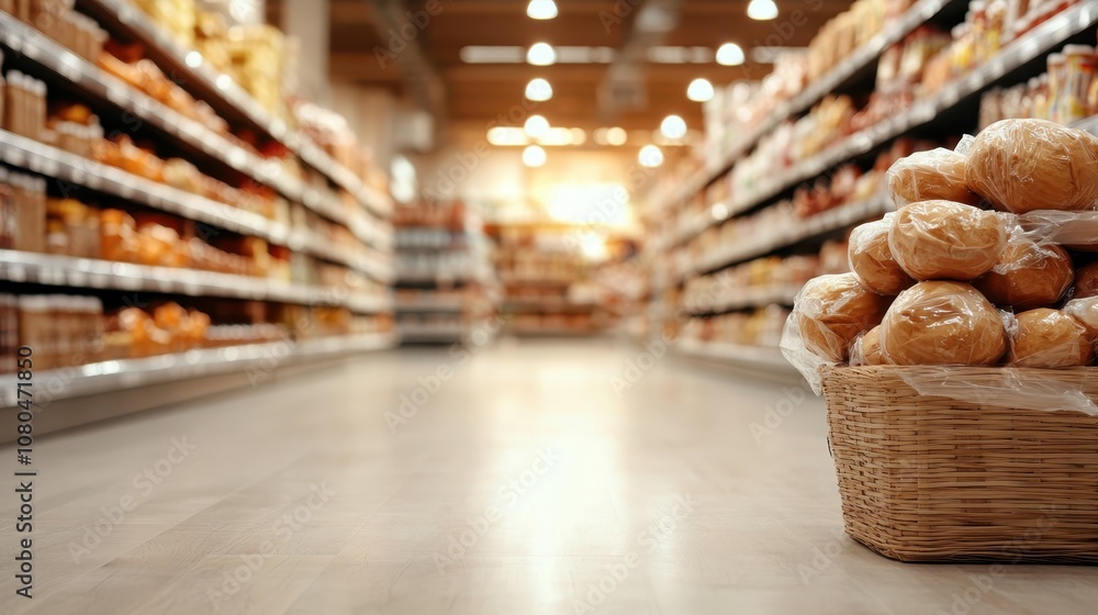 This supermarket image showcases a basket of rolls in the foreground while aisles packed with vibrant fruits and vegetables are neatly displayed under bright lights. This supermarket image showcases a basket of rolls in the foreground while aisles packed with vibrant fruits and vegetables are neatly displayed under bright lights.