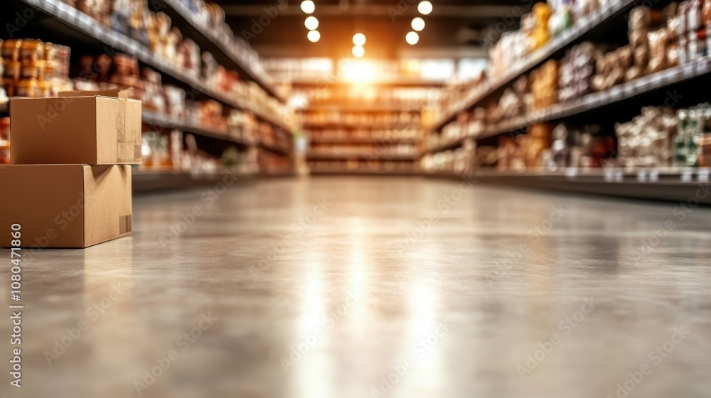 This image shows a grocery store aisle with several boxes stacked on the floor, surrounded by a wide array of products displayed systematically on both sides. This image shows a grocery store aisle with several boxes stacked on the floor, surrounded by a wide array of products displayed systematically on both sides.