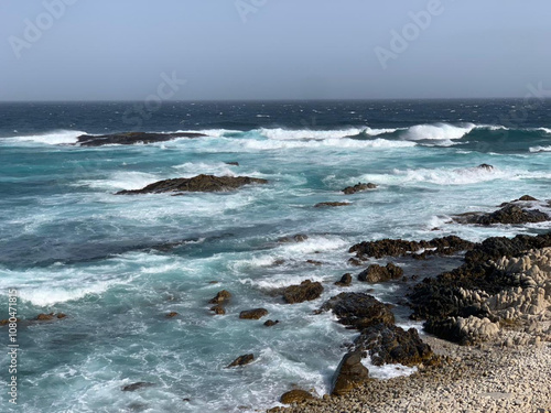 This image captures a rugged coastal scene with waves crashing against dark, rocky outcrops.White foam rises as the waves break, creating a dynamic contrast against the darker rocks.