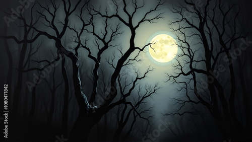 Haunting Moonlit Forest Captured in Atmospheric Oil Painting   A dark and foreboding forest at nightfall with twisted branches reaching up towards a full moon portrayed in a moody photo