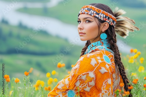 Person in traditional Native American clothing against a scenic landscape. Native American Heritage Day photo