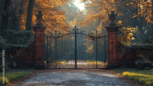 A majestic wrought-iron gate stands open, revealing a gravel path leading into a forest ablaze  photo