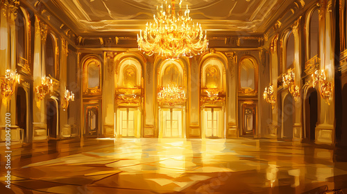 An opulent ballroom with golden decorations and chandeliers, creating a luxurious and grand atmosphere. Opulent. Illustration