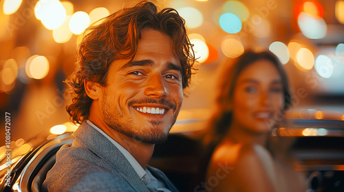 A handsome man in a car with a girl, a couple going on a date to a party on the red carpet. Celebrities, famous couple and paparazzi. generative AI, generative, ai