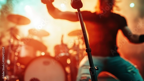 A charismatic lead singer energetically performs with a microphone, accompanied by a drum set in the background, under colorful stage lights. photo