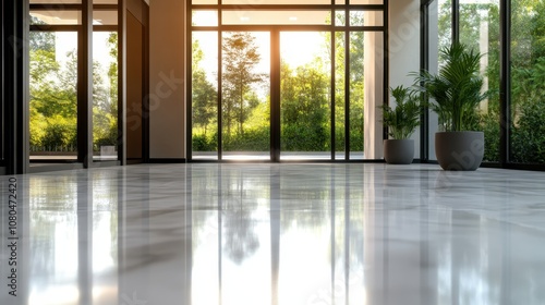 A sunlit room with large windows, showcasing reflections on the shiny floor, adorned with potted plants, offering a calm and serene environment.