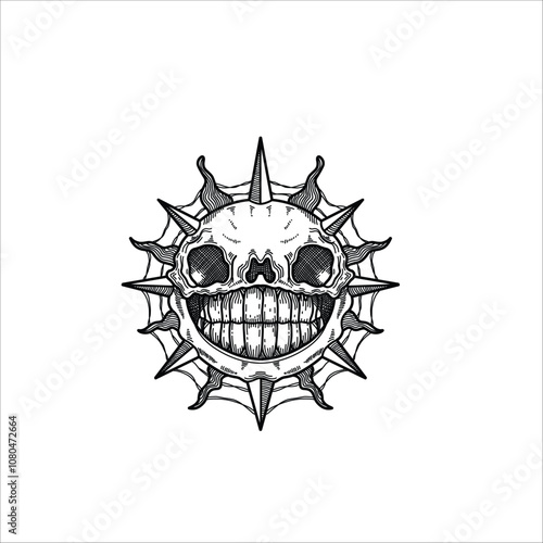 Smiling sun skull hand drawn illustration artwork