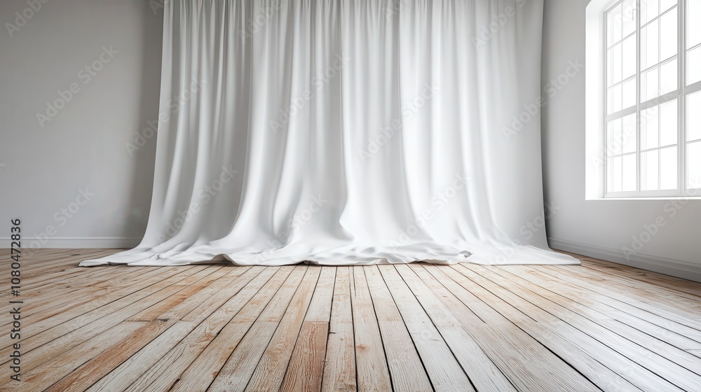 A crisp white curtain hangs gracefully in a rustic room featuring natural wooden floorboards, creating a serene, peaceful ambiance with sunlight filtering through a window. A crisp white curtain hangs gracefully in a rustic room featuring natural wooden floorboards, creating a serene, peaceful ambiance with sunlight filtering through a window.