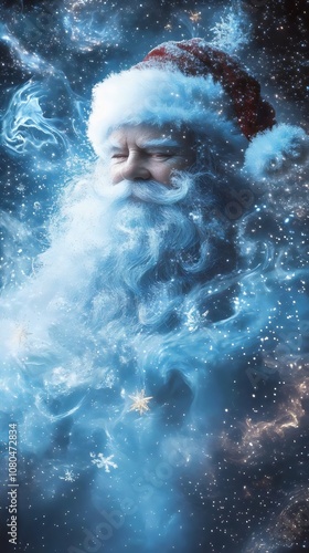 Tranquil Santa Claus Surrounded by Snowflakes in a Celestial Scene