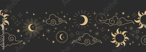 Celestial seamless border, witch spiritual decoration with asian clouds moon, sun burst and stars. line astrology pattern, minimal geometric background.
