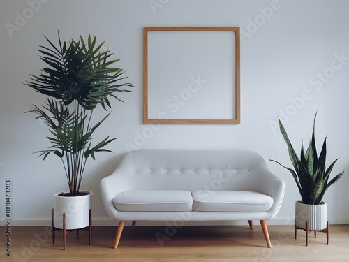 A minimalist living room setting. Dominating the space is a light gray sofa with wooden legs, positioned against a white wall. Above the sofa, there's a rectangular wooden frame, presumably for a pict