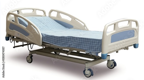 Empty hospital bed with blue checkered sheets and adjustable features.