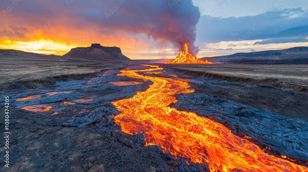 Fototapeta premium Lava flow under a dramatic sunset sky, displaying natural beauty and volcanic activity.